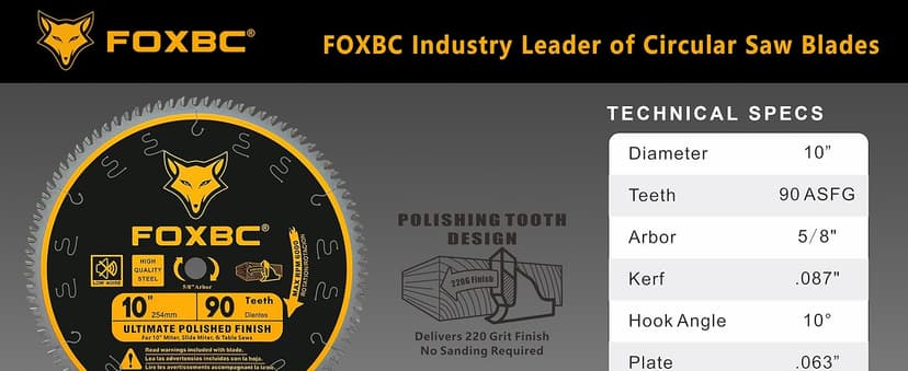 FOXBC 10 Inch Saw Blade 90-Teeth Ultimate Polished Finish Saw Blade for Wood, 5/8-Inch Arbor