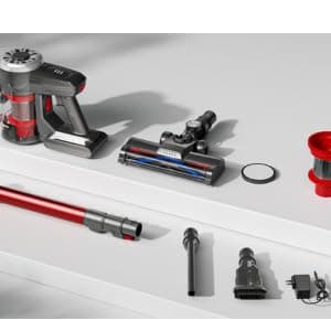 Cordless Stick Vacuum, Red, 45 Min Runtime, LED Headlights, 2-Speed, Telescopic Tube with Main Vacuum Brush, Crevice Tool, dust Brush, Removable-Rechargeable Battery Pack with Charging Cord