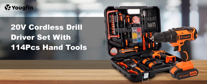 Tool Kit with Drill, Yougfin 20V Cordless Power Drill with 2 Batteries & Charger Drill Sets Combo Kit for Men 114 pcs Household Hand Tools for Home Apartment Dorm Repair