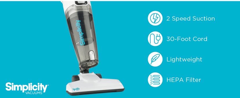 Simplicity Vacuums Corded Stick Vacuum Cleaner - Bagless, Two Speeds, HEPA Filter, Ideal for Hardwood & Tile, S60 Spiffy