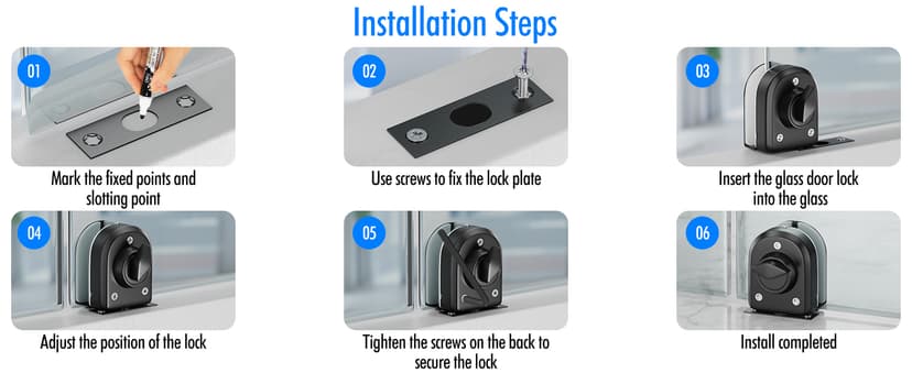 Ranbo Frameless Glass Door Floor Lock, Clamp-On No-Drill, 304 Stainless Steel, Fits 3/8"–1/2" (10–12 mm) Swing/Sliding Doors — Ideal for Office, Entrance, Storefront,Top or Bottom Mount, Matte Black