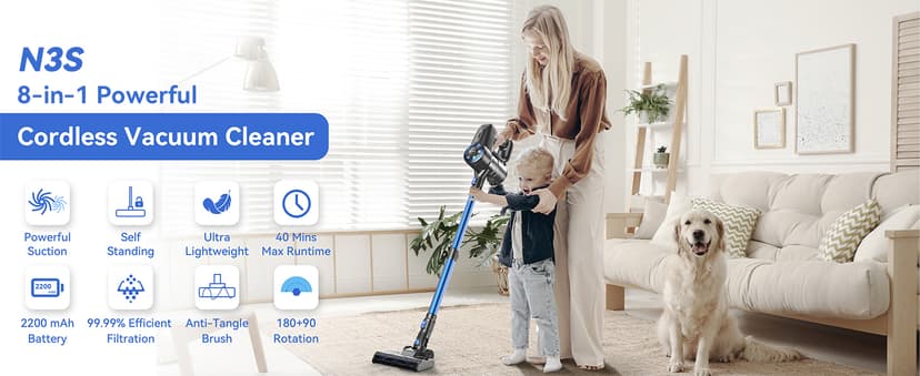 Cordless Vacuum Cleaner, 8-in-1 Lightweight Stick Vacuum with Powerful Suction, Self-Standing, 40 Mins Max Runtime, Rechargeable Vacuum Cleaners for Home, Hardwood Floor, Carpet, Pet Hair N3S