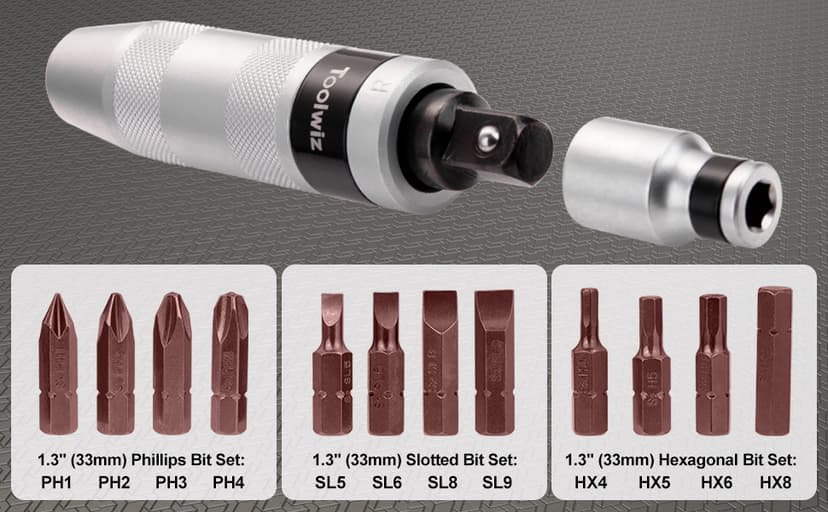 Toolwiz 1/2" Hand Impact Screwdriver Set - 14 Pcs, Reversible Manual Impact Driver with S2 Steel Screwdriver Bits for Disengage Rusted Fasteners or Frozen Bolts