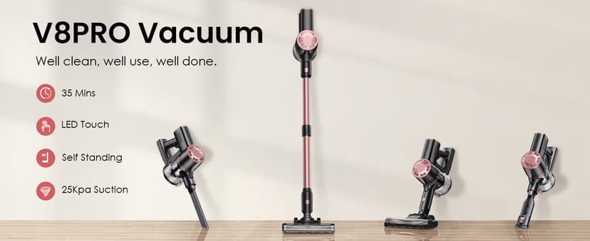 V8PRO Cordless Vacuum Cleaner for Home - 25Kpa Stick Vacuum with Self Standing Design, Max 35Min Runtime, 6 in 1 Lightweight Vacuum for Hardwood Floors and Carpet Pet Hair (Champagne)