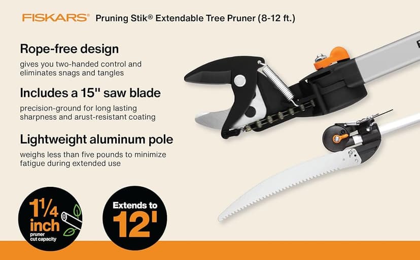Fiskars 2-in-1 Extendable Tree Pruner and Pole Saw (Extends 7.9 - 12 feet) with Rotating Head, Pruning Stik Model with15-Inch Double-Grind Saw Blade, and Double Locking System