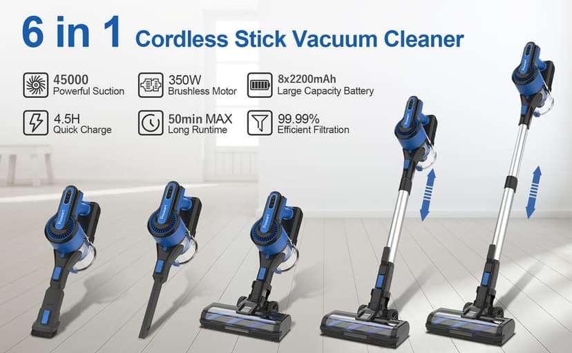 Cordless Vacuum Cleaner for Home, 45Kpa Lightweight Stick Vacuum with Powerful Suction, Rechargeable Battery Up to 50mins, Handheld Vacuum Cleaners for Carpets, Pet Hair,Hardwood Floors - Blue