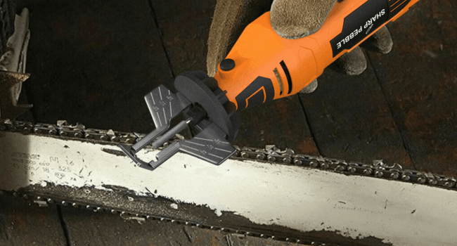 Sharp Pebble Electric Chainsaw Sharpener Kit - Comes with Chain Saw Sharpener Tool, 4 File Size Sharpening Wheel Bits, Angle Attachment, Wrench & eBook