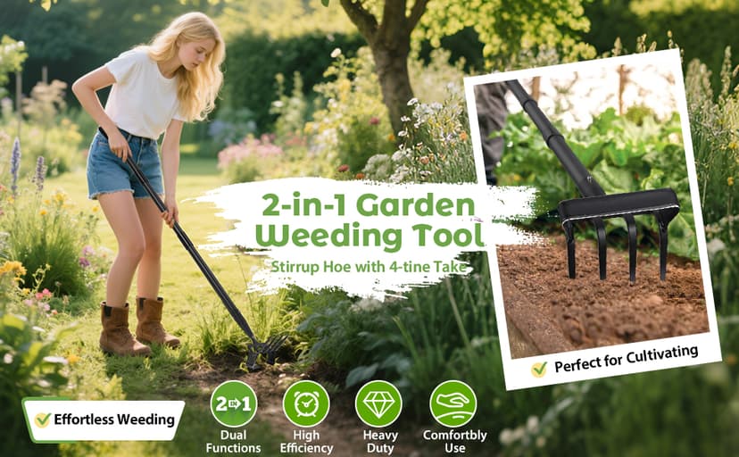 Garden Hoe,2 in 1 Heavy Duty Stirrup Hoe and Cultivator Gardening Tool Set with 62 inch Long Handle,Lightweight Hula Hoes Weeding Rake for Fast Weeds Grass Removal,Cultivating, Loosen Soil, Sharp Edge