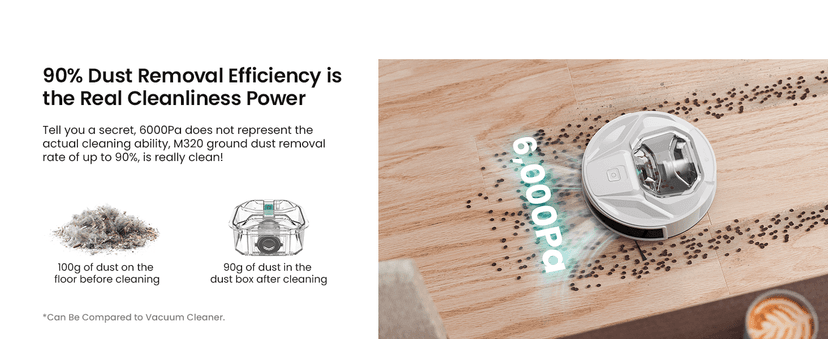 Lefant M320 Robot Vacuum with Mop Combo, 6500Pa Powerful Suction, 210 Mins Runtime, Slim, 800ml Visible Dustbin, Carpet Detection, Alexa Voice Control, Ideal for Hard Floor and Pet Hair, White