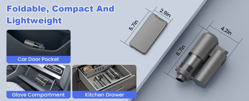 Car Vacuum Portable Cordless with 16000PA Ultra Suction 4-in-1 Foldable Air Duster & Brushless Motor Rechargeable Handheld Vacuum for Pet Hair, Car Seats, Home & Office Cleaning