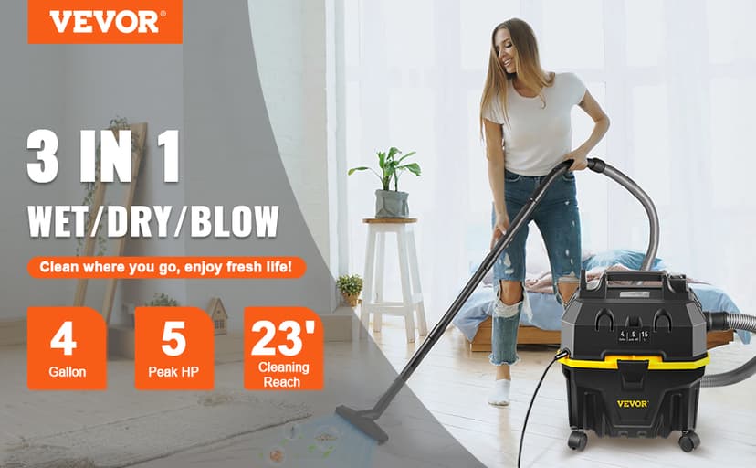 VEVOR Wet Dry Vac, 4 Gallon, 5 Peak HP, 3 in 1 Shop Vacuum with Blowing Function Portable Attachments to Clean Floor, Upholstery, Gap, Car, ETL Listed, Black/Yellow
