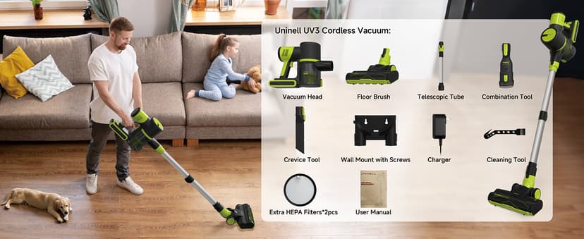 UNINELL HOME Cordless Vacuum Cleaner, 45Kpa 55 Mins Vacuum Cleaners for Home, Vacuum Cleaner Self-Standing, Anti-Tangle Stick Vacuum, Lightweight, Wall Mount Charging Vacuum for Pet Hair,Carpet,Floor