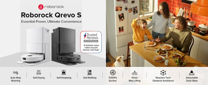 roborock Qrevo S Robot Vacuum and Mop, Self-Drying, Auto Mop Washing, 7000Pa Suction, Self-Emptying & Refilling, 10mm Mop Lifting, 200RPM Spinning Mops, Smart Obstacle Avoidance, White