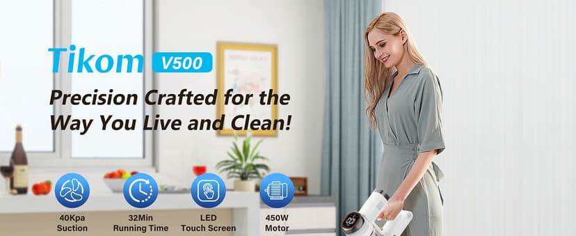 Tikom V500 Cordless Vacuum Cleaner for Home, 40000Pa/450W Stick Vacuum with LED Touch Screen, Charging Wall Dock, Anti-Tangle, Lightweight Handheld Vacuum for Pet Hair, Hard Floor, Carpet