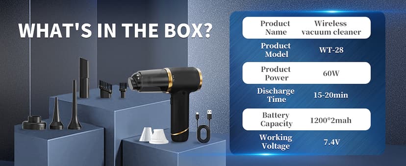 Handheld Vacuum Cleaner 15000PA Car Vacuum, 6 in 1 Portable Cordless Vacuum Cleaner Set, USB Rechargeable. White