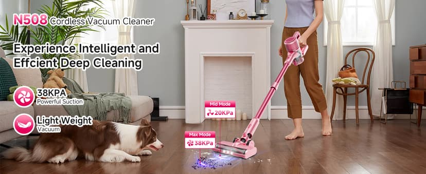 Cordless Vacuum Cleaner,55Mins/Powerful Vacuum Cleaners for Home,Stick Vacuums with 8 in 1,Touch Screen,LED Headlights, Anti-Tangle,Rechargeable,Lightweight for Carpet,Hard Floor, Pet Hair,Pink