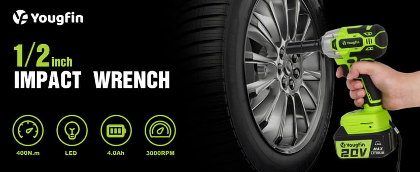 Yougfin Cordless Impact Wrench 1/2 inch for Lug Nuts, 20V Brushless Power Impact Gun Kit 400N.M, 4.0 Ah Battery Powered Impact Driver Heavy Duty, Electric Impact Wrench for Car Home