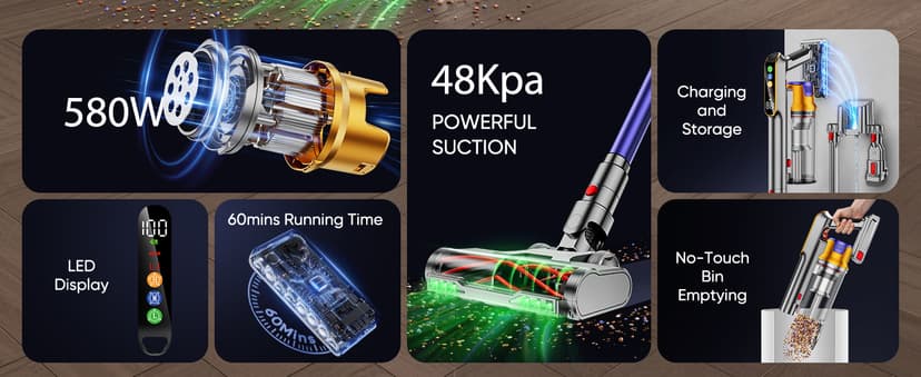 Cordless Vacuum Cleaner, 550W 45KPA 60 Mins Vacuum Cleaners for Home, Stick Vacuum with 1.8L Large Dust Cup, Wall Mount Charging, Anti-Tangle Wireless, Green Light for Pet Hair, Carpets, Hardwood