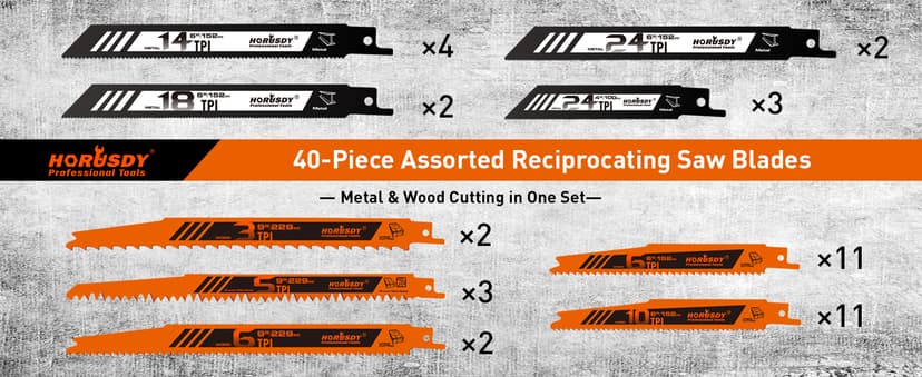 HORUSDY 40-Piece Reciprocating Saw Blade Set for Wood & Metal | Includes Pruning, Wet Wood, PVC and Metal Cutting Blades (3-24TPI) | with Storage Pouch for Easy Organization