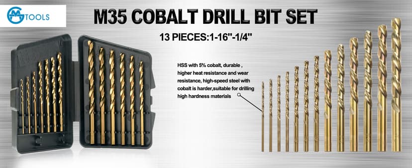 115Pcs Cobalt Drill Bits Set, M35 High Speed Steel, 135 Degree Tip, Twist Jobber Length Drill Bit Kit for Hardened Metal, Plastic and Wood with Metal Indexed Storage Case, 1/16"-1/2"
