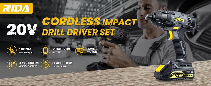 RIDA Impact Driver Kit 180Nm 20V Cordless Impact Drill/Driver Set 1/4" All-Metal Hex Chuck 0-2800RPM Variable Speed, 2000mAh Lithium-ion Battery & 1H Fast Charger, 25 Pcs Driver Bits and Tool Bag