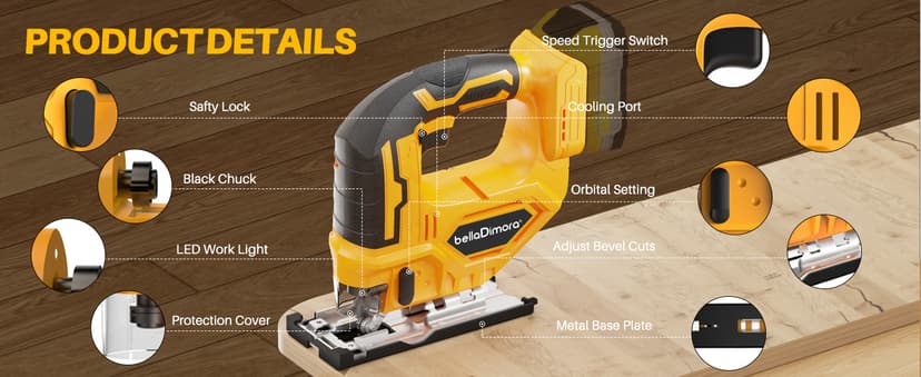 Jig saw compatible with Dewalt 20V Battery (Battery not Included) Cordless Jigsaw with LED Work Light, 0°- 45° Bevel Cuts, 3 Orbital Settings for Straight/Curve/Bevel/Circle Cutting