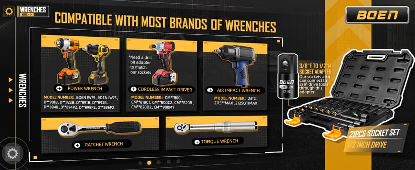 BOEN Pro 1/2" Drive Metric Deep Impact Socket Set, 21-Piece CR-MO &CR-V Steel, Upgraded Torque & Durability, 10mm-24mm, Includes Extension Bars, Universal Joint, Adapter – Meets ANSI