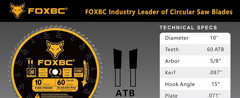 FOXBC 10 Inch Thin Kerf Fine Finish Crosscut Table Saw Blade, 60-Tooth ATB, with 5/8-Inch Arbor