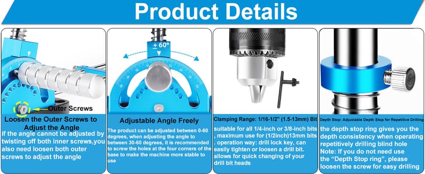 Portable Drill Guide, Multi Angle Drill Guide for Straight Holes, Self-Centering Pins, Drilling Jig w/Chuck & Key, Adjustable Angle from 0° to 60°, Chuck Clamping Range for 1/16-1/2" (1.5-13mm)