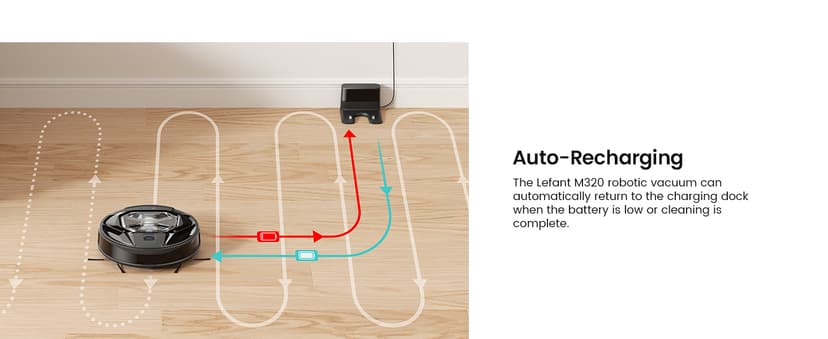 Lefant M320 Robot Vacuum Cleaner, Carpet Detection, 6,000 Pa Suction, Low Noise, 800ml Visible Dustbin, 210 Mins Runtime, Self-Charging, Works with Alexa, Ideal for Hard Floor, Pet Hair, Black