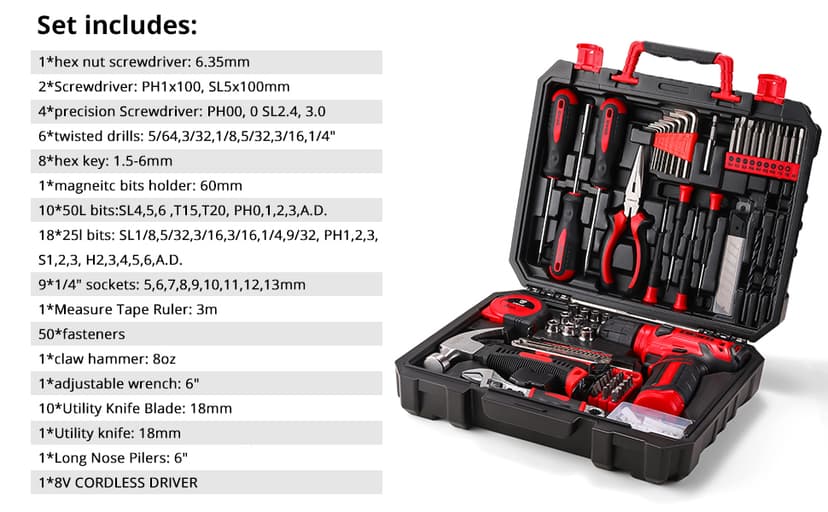 DEKOPRO Drill Set: Tool Set with 8V Red Cordless Drill, Home Tool Kit with Drill, Hand Tool Kits for Women 126 Piece
