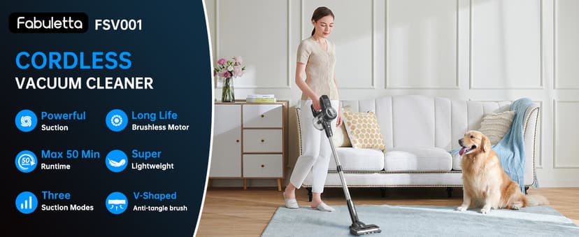 FABULETTA Cordless Vacuum Cleaner, 35Kpa Vacuum Cleaners for Home, Max 50 Mins Runtime, Self-Standing Design, 5-Layer Filtration System, Anti-Tangle Brush, LED Display, Lightweight