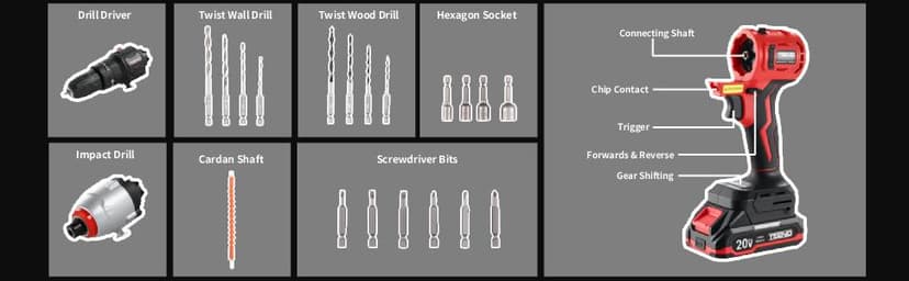 Cordless Drill and Impact Driver, Electric Drill and Impact Driver Combo Kit with 3/8-inch Electric Drill and 1/4-inch Impact Driver with 2 * 1.5A Batteries