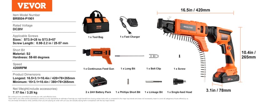 VEVOR Drywall Screw Gun Auto-Feed, 20V Max Collated Drywall Screwgun, 4200RPM Brushless Cordless Drywall Gun Kit with 2 Battery Packs, Belt Clip, Charger, Tool Bag, Screw Length and Depth Adjustable