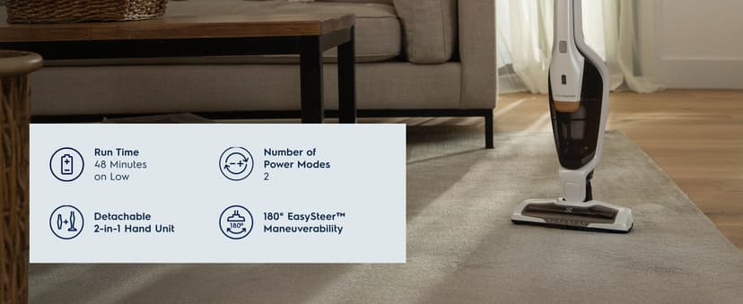 Electrolux Ergorapido Cordless 2-in-1 Vacuum Cleaner with High Suction Power and 180-Degree EasySteer Mobility, 48-Minute Run Time, 2 Power Modes, Satin White