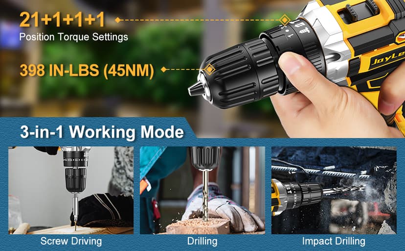 Power Drill, 21V Cordless Drill with 2 Batteries and Charger, 25+3 Position Power Drill Cordless, 398 In-lb Torque Electric Drill Set, Built in 3/8” Keyless Chuck Power Screwdriver with 56PCS Bits