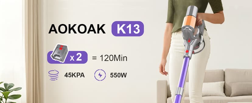 Cordless Vacuum Cleaner, 2 Batteries 120 Mins Runtime Vacuum Cleaners for Home, 45Kpa 550W Stick Vac with Anti-Tangle Design, Self-Standing, 1.5L Dust Cup, Vacuum for Pet Hair/Carpet/Hardwood Floor