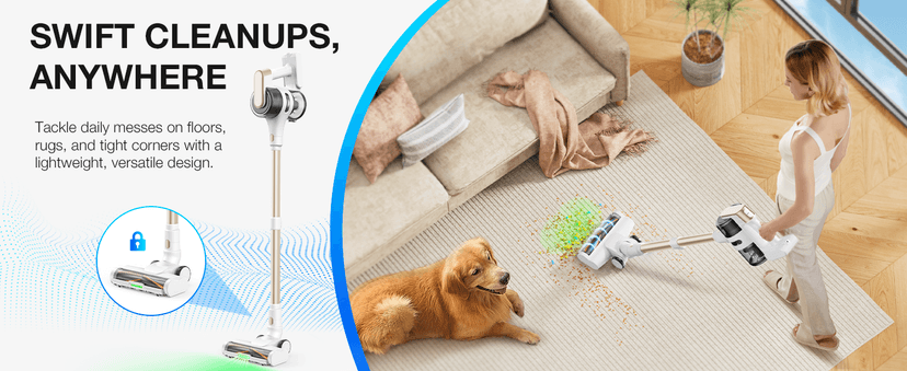 Cordless Stick Vacuum Cleaner for Home, Lightweight Rechargeable Vacuum with 55min Runtime, Powerful Suction, Green LED Headlight, 9-in-1 Pet Hair Carpet & Hardwood Floor Cleaner
