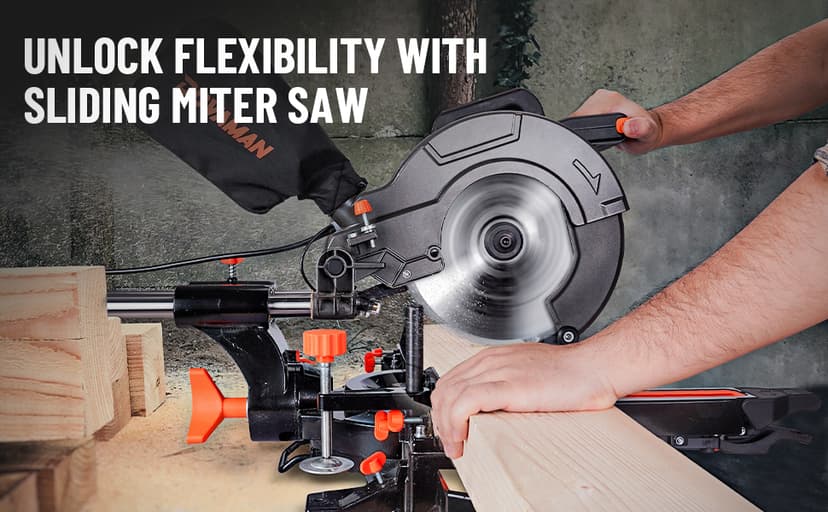 Updated 10-Inch Sliding Miter Saw, Multi-Material Cutting w/ 3 x TCT Blades, Ambidextrous Operation, 5000/3200RPM Speed, Laser Guide, 0-45° Bevel Cut, Max Cut 3.5x13.4in, 9 Positive Stops