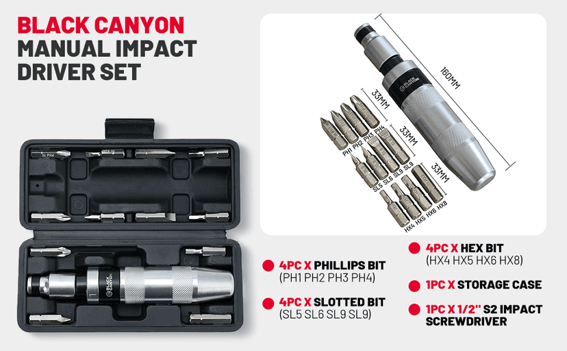 BLACK CANYON 1/2" S2 Hand Impact Screwdriver, 12-Pieces Tip Styles Slotted, Phillips, Hex, Manual Reversible Impact Driver, Disengage Rusted Fasteners or Frozen Bolts, Ideal Hand Tool for Men, Dad
