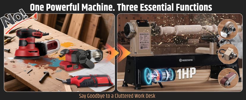 12" x 18" Wood Turning Lathe, 1 HP Benchtop Woodworking Lathe with Variable Speed 650-3800 RPM, Dual-Function Design with Extension Ports for Belt Sander or Grinding Wheel or Rotary Kit