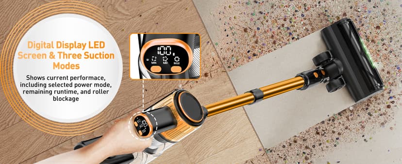 Cordless Vacuum Cleaner, 40Kpa 8 in 1 Powerful Suction Lightweight Stick Vacuum Cleaner for Home, LED Display, 3 Suction Modes, 45Mins Detachable Battery Vacuum for Hard Floor Carpet Pet Hairs