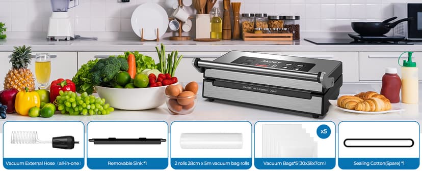 90Kpa Food Vacuum Sealer, Stainless Steel Vacuum Sealer Machine for Food with Double Heat Seal & Double Pump, Food Sealer Dry/Moist/Liquid Modes, Roll Storage and Cutter, Easy-Lock Handle and Clean