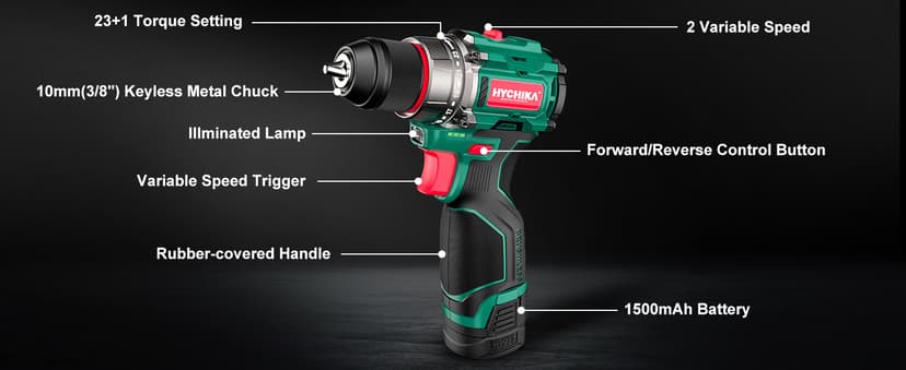 HYCHIKA Drill Set, True Brushless Power Drill Driver 16.8V Cordless Compact Drill Woman Man,410 IN-LB, LED Light,2 Variable Speed 23+1 Torque 3/8" Keyless Chuck, 1 Lithium-Ion Battery