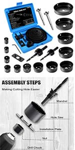 Hole Saw Set, 22PCS Hole Saw Kit with 3/4" to 5" (19mm-127mm) 13Pcs Saw Blades, Mandrels, Installation Plate, Drill Bits, Hex Key with Storage Box, Ideal for Soft Wood, Plywood, Drywall, PVC