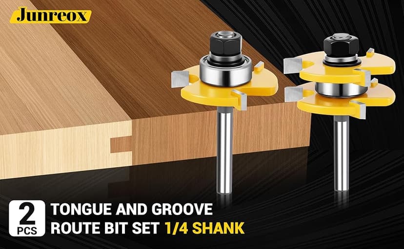 Junreox 2PCS Tongue and Groove Router Bit Set, 3rd Gen. 1/4 Shank Router Bits for 3/4" Stock, 1/2" Cutting Depth, Adjustable 3 Teeth Shaker Cabinet Door Router Bits for Woodworking, Milling, Cutting