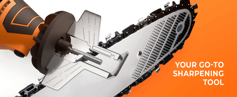 Sharp Pebble Electric Chainsaw Sharpener Kit - Comes with Chain Saw Sharpener Tool, 4 File Size Sharpening Wheel Bits, Angle Attachment, Wrench & eBook