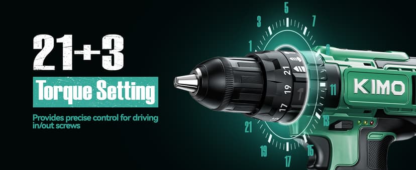 KIMO Hammer Drill - 20V 2X Battery Hammer Drill Cordless Drill Set, 350 In-lb Torque, 3/8" Keyless Chuck, 1350 RPM, 21+3 Position,14pcs Drill/Driver Bits, Power Drill Drivers for Concrete Brick Wall