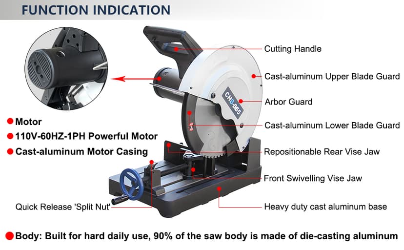 KAKA INDUSTRIAL Metal Cutting Chop Saw 14-Inch, 15-Amp Motor, Cuts Steel, Rebar, Iron, Aluminum, 0-45° Adjustable Angle CHS-355