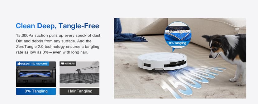 ECOVACS DEEBOT T50 PRO Omni Robot Vacuum and Mop, 3.19” Ultra-Slim, 15,000Pa Suction, ZeroTangle 2.0, TruEdge Edge Cleaning, AIVI 3D Obstacle Avoidance, Auto Mop Wash & Dry, Self-Emptying,White